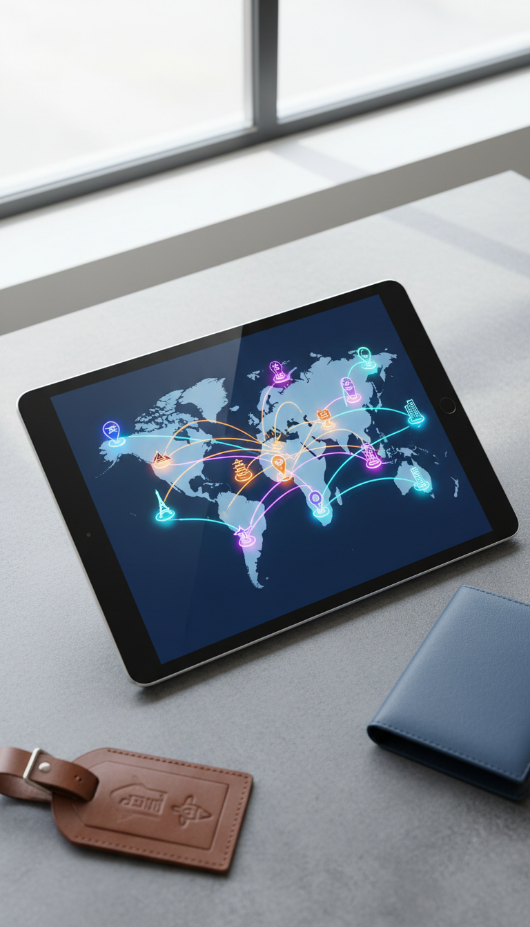 A visually stunning, stylized map filled with vibrant, interconnected destination points and animated itinerary lines, displayed on a glowing digital tablet. The tablet lies atop a smooth, matte-finish workspace, surrounded by subtle hints of travel items like a leather luggage tag and a passport-blue travel wallet, but without showing any personal information. Bright natural daylight washes across the setting, creating crisp highlights and lively, yet soft, reflections on the tablet’s edge. The mood is adventurous and engaging, ideal for a technology-driven travel platform. Captured from a bird’s-eye perspective, the image maintains balanced depth and a clean, modern aesthetic. The composition celebrates exploration and ease of use, echoing the app’s core promise to make travel discoveries simple and delightful.